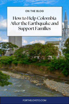 View of Cali, Colombia, with text about helping Colombia after the earthquake and supporting affected families.
