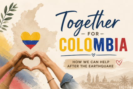 Together for Colombia illustration with a map of Colombia, Colombian flag heart, and hands forming a heart in support of earthquake relief.