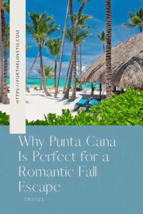 Romantic fall getaway in Punta Cana with a tropical beach, tall palm trees, turquoise water, and thatched-roof huts.