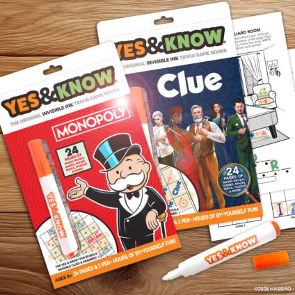 Yes & Know trivia game books featuring MONOPOLY and CLUE with invisible ink pens, puzzles, trivia, mazes and magic-reveal activities.