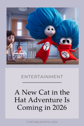 Thing One and Thing Three stand inside a home with Sebastian and his pet fish in The Cat in the Hat movie 2026.