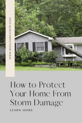 Fallen tree resting on a house roof after severe weather, with tips on how to protect your home from storm damage.