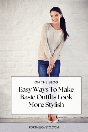 Smiling woman wearing a cream sweater and blue jeans, illustrating easy ways for how to make basic outfits look stylish.