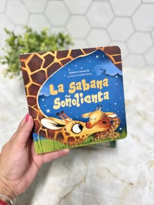 Hand holding La Sabana Soñolienta, the Spanish edition of the baby-animal bedtime board book.