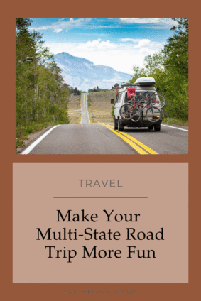 Car carrying bicycles along a mountain road, with the text “Make Your Multi-State Road Trip More Fun.