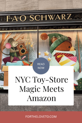FAO Schwarz window with illustrated woodland animals and text reading “NYC Toy-Store Magic Meets Amazon.