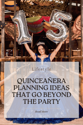 Quinceañera planning ideas featuring a teen in a blue gown holding silver number 15 balloons