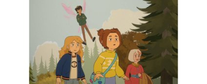 Sabrina, Daphne, Relda, and Puck explore the forest in The Sisters Grimm season 2 on Apple TV.