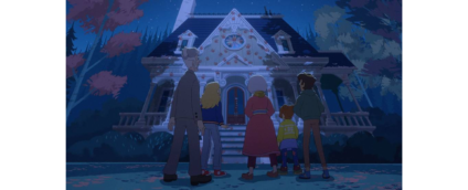 The Sisters Grimm season 2 characters stand outside a mysterious house covered in red handprints at night.