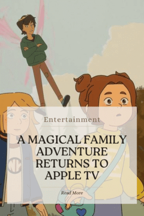 The Sisters Grimm season 2 characters in a forest with text announcing a magical family adventure on Apple TV.