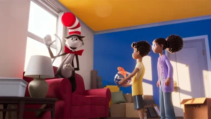 The Cat in the Hat movie 2026 scene showing the Cat meeting siblings Gabby and Sebastian beside their pet fish.