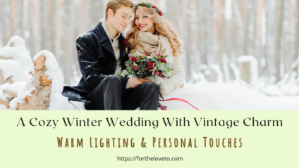 Couple sitting in a snowy woodland with a burgundy bouquet and cozy winter layers, inspiring ways to add vintage charm to a winter wedding.