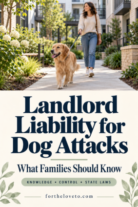 Woman walking a leashed golden retriever along an apartment walkway, with text reading “Landlord Liability for Dog Attacks: What Families Should Know.”