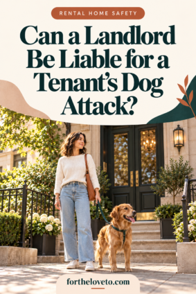 Woman and leashed golden retriever outside a residential building, with text asking, “Can a Landlord Be Liable for a Tenant’s Dog Attack?