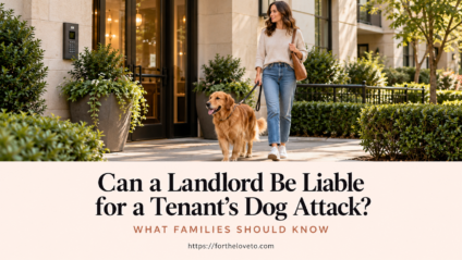 Woman walking a golden retriever outside an apartment entrance, with a headline about landlord liability for dog attacks and what families should know