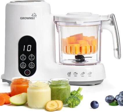 Grownsy Baby Food Maker with homemade baby food and fresh fruits and vegetables