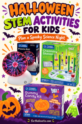 Spooky science night ideas featuring Halloween gummy candy, a chemistry station, and a plasma ball.