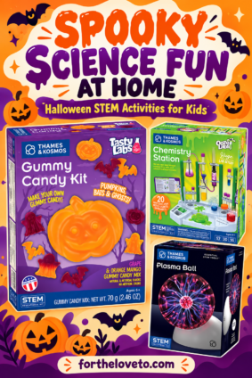 Halloween STEM activities for kids featuring a plasma ball, Ooze Labs Chemistry Station, and gummy candy kit.