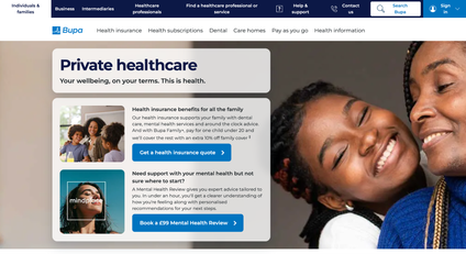 Screenshot of Bupa’s private healthcare homepage featuring a smiling parent and child.